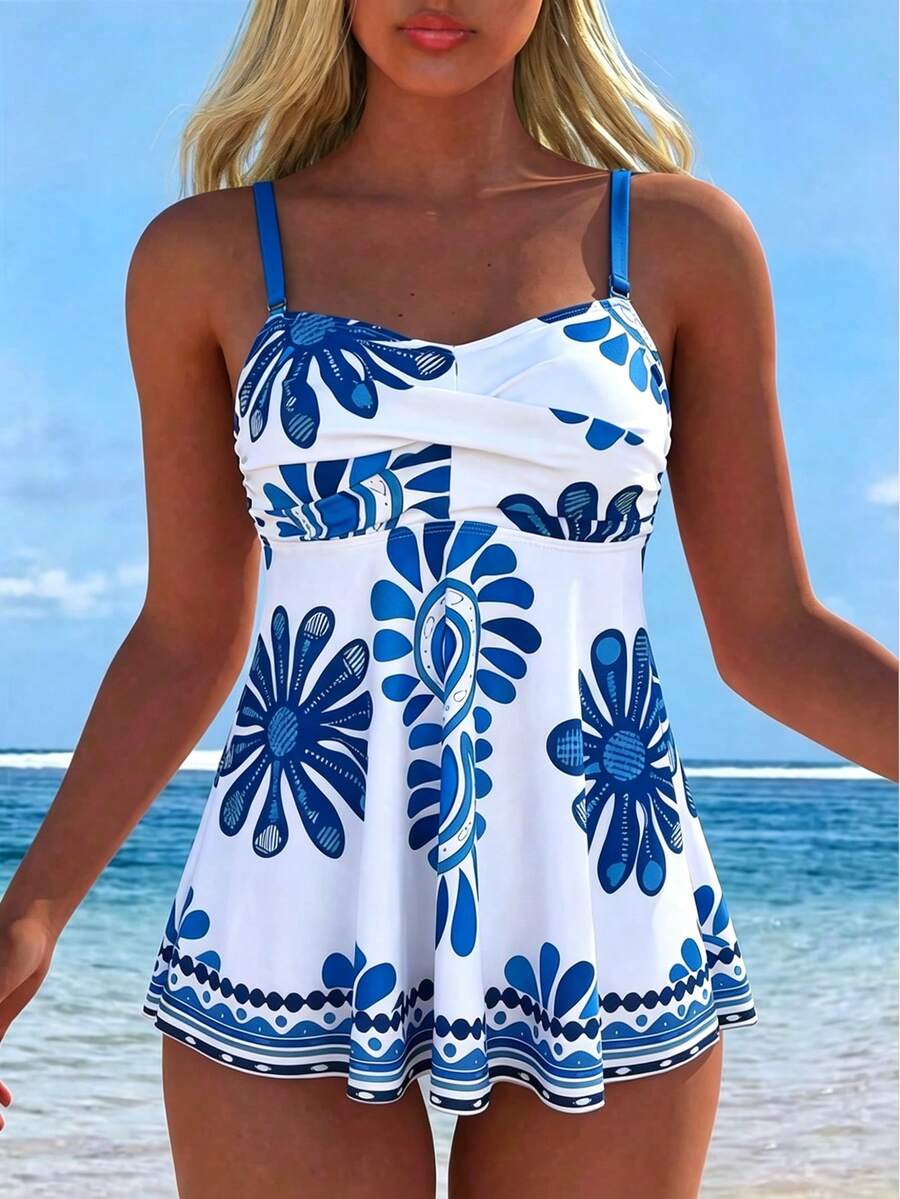 Swim Lushoire 2pcs/Set Women's Swimwear Long Dress, Custom Summer Vacation Bohemian Style Swim Dress - Multicolor - View 1
