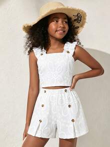 Tween Girl Solid Color Jacquard Tank Top + Shorts 2 Pieces Set - White - View 4