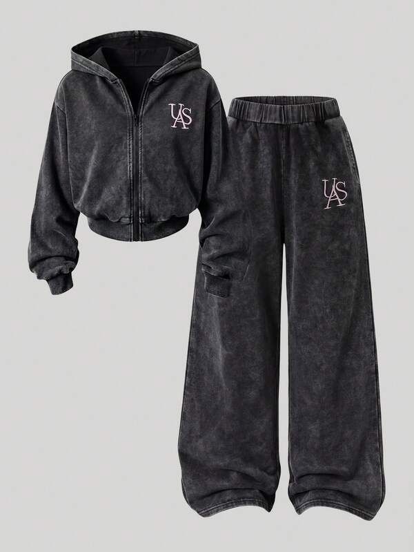 Tween Girls T-Shirt Set. Summer New Arrival. Fashion Casual Style. Black Acid Wash Process, Hoodies,Sweat Pants