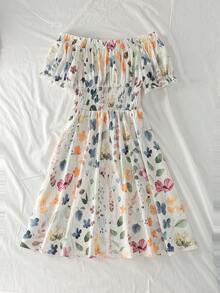 SHEIN VCAY Plus Size Vacation Off-Shoulder Dress With A Leopard Dress - Multicolor - View 2