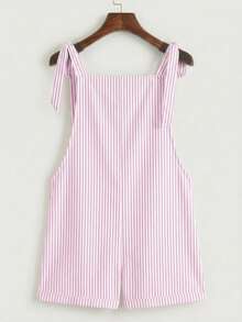 SHEIN EZwear 休閒簡約粉色條紋印花圖案打結肩帶口袋拼接背心連身褲，適合夏季 - 彩色 - 查看 2
