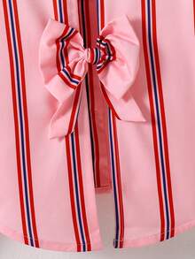 SHEIN Casuvi Kids 2件組少女拼接對比色不對稱領長袖條紋後蝴蝶結裝飾襯衫與拼接條紋長褲，學院休閒風，四季皆宜 - 西瓜粉 - 查看 4