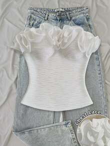 Franclia Ruffle Pleated Solid Color Sexy Bandeau Tank Top - White - View 5
