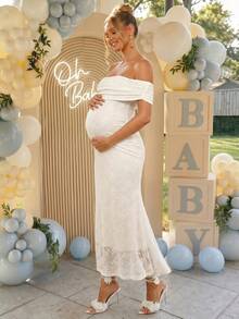Loomaby Maternity Off-Shoulder Pleated Jacquard Elegant Dress,Gender Reveal Dress,Maternity Dress,Baby Shower Dress - Apricot - View 7