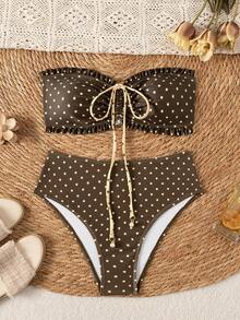 Swim Vcay 女款夏季海灘度假新款可愛平口式荷葉邊甜美小碎花精緻珍珠吊墜抽繩綁帶比基尼套裝 - 彩色 - 查看 3