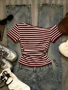 Tween Girls Digital Striped Asymmetrical Shoulder Short Sleeve Spring/Summer Casual Comfortable Outfit, Summer Versatile Clothing Suitable For Outdoor Sports, Outdoor Picnic, Street Photography, Vacation, Holiday, Gift For Girls Red And White Striped - Multicolor - View 3