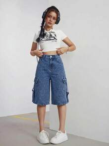 SHEIN Quần short denim túi cargo cúc cài đa năng dài đến gối thời trang cho nữ thiếu niên - Rửa tối - Xem 3