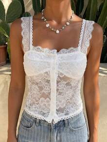 DAZY Women's Textured Fabric Patchwork Lace Trim Waist-Cinched Cropped Square Neck Casual Elegant Vacation Beach Vacation Summer Tank Top White - White - View 5