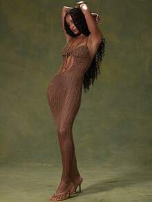 MUSERA Brown Crochet Open Knit Bodycon Beach Cover Up Maxi Dress - Chocolate Brown - View 3