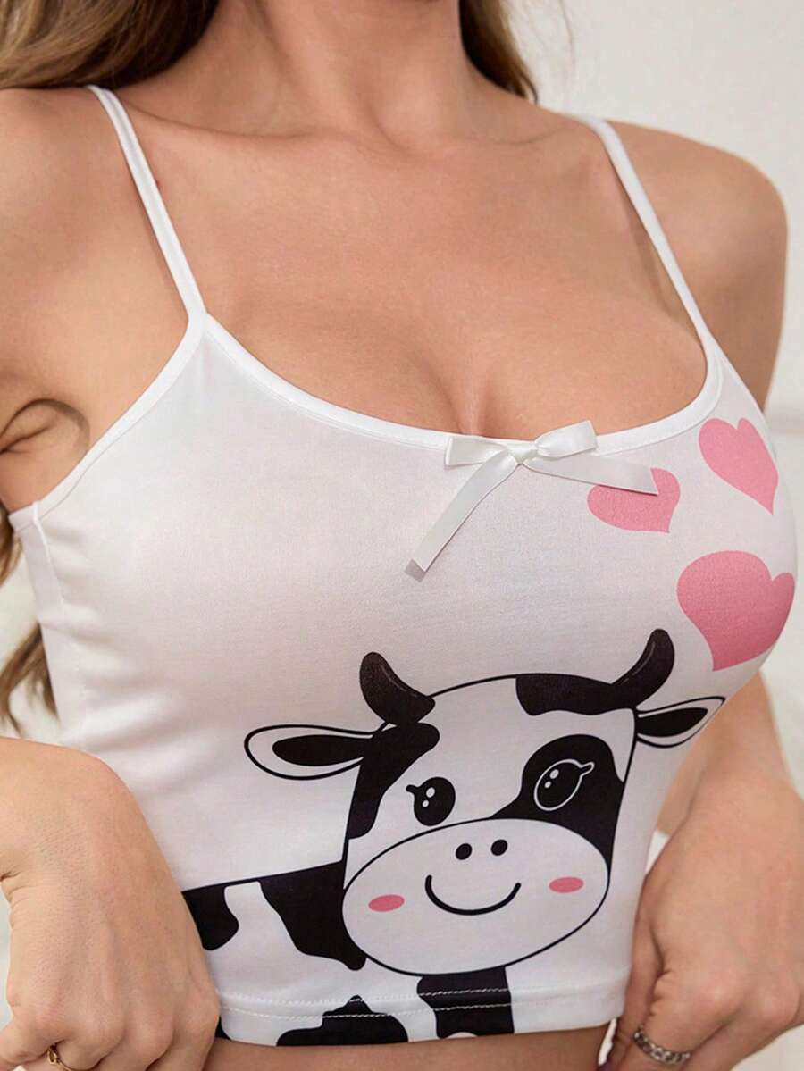 SHEIN Cow Heart Print Casual Top For Women, Summer Sleepwear - Multicolor - View 1