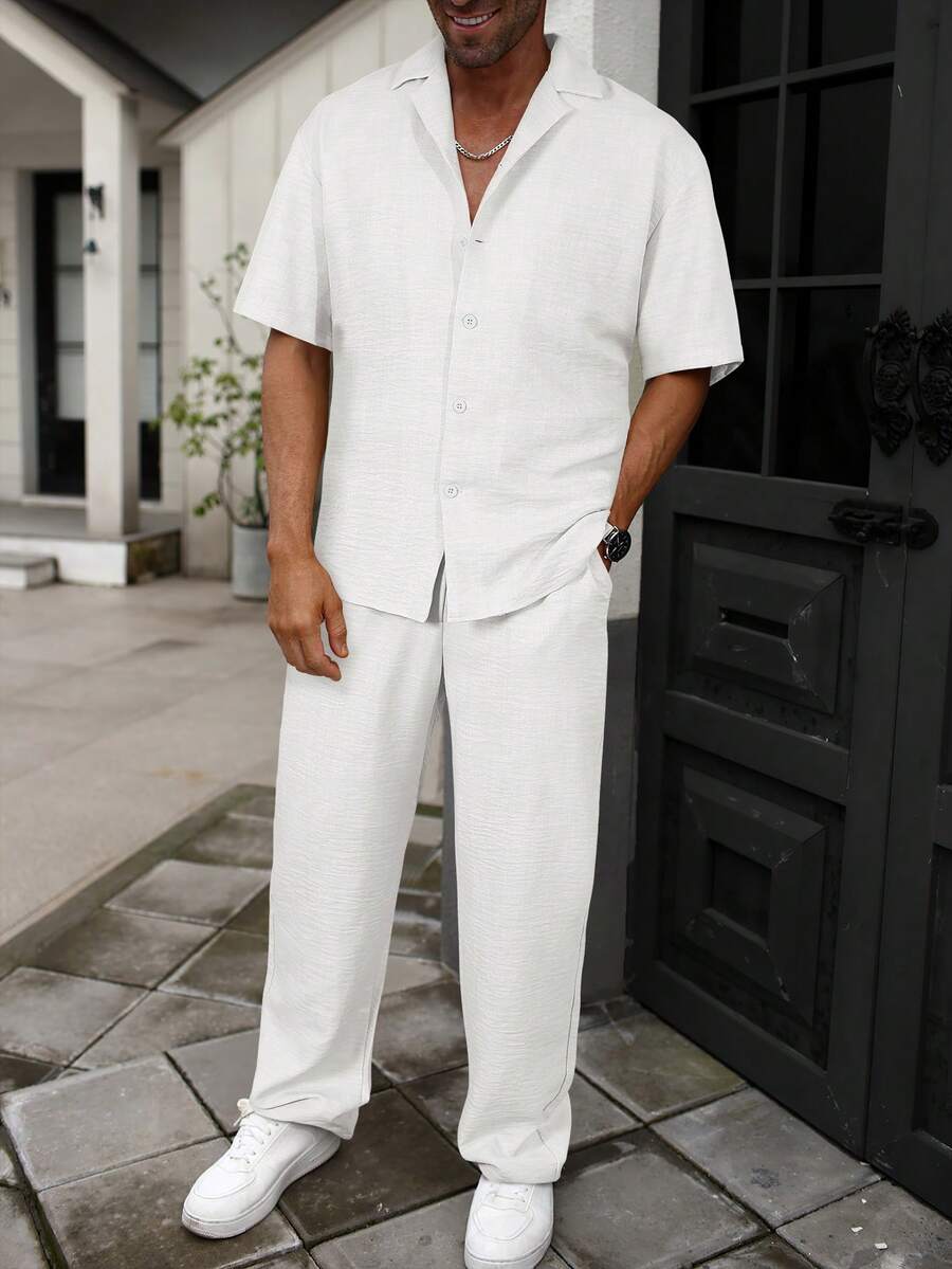 Manfinity RSRT Men's Summer Casual Solid Color Loose Fit Drop Shoulder Short Sleeve Shirt And Long Pants Set Men Summer Pants Set Men Resort Outfit Men Co Ord Set, Holiday - White - View 1