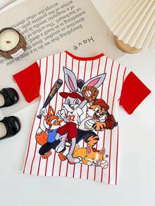 Baby Girl Casual Comfortable Cute Cartoon Animal Print & Striped Patchwork Short Sleeve Dress,Kids - Red - View 5