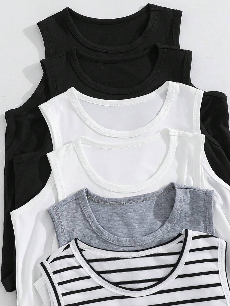 SHEIN 6pcs/Set Kids Tween Boys' Casual Street Versatile Crew Neck Undershirt Camisole,Suitable For Commuting,School,Daily Wear,Sports,Spring/Summer - Multicolor - View 1