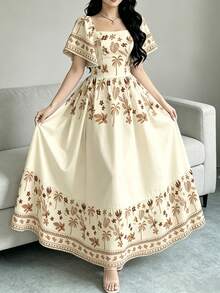 Modelyn Đầm nữ thanh lịch với họa tiết lá rùa, cây dừa, lá rụng và hoa nhỏ, kiểu dáng cổ vuông tay ngắn thời trang với thiết kế xếp nếp ở gấu đầm, phong cách nghỉ hè. - Nhiều màu - Xem 3
