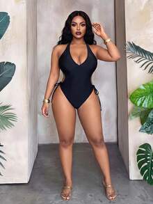 Maweii Traje de baño de una pieza con cuello en V profundo, unicolor y sexy para mujer de talla grande - Negro - Ver 3