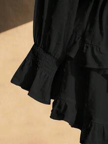 SHEIN ICON Vestido de Talla Grande con Cuello en V, Cintura con Cordones, Falda en A con Volantes, Vestido Bohemio, Vacaciones, Adecuado para Primavera - Negro - Ver 6