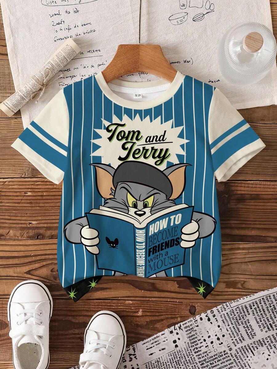 TOM & JERRY X SHEIN Young Boy Round Neck Letter Cartoon Print Casual Versatile Daily Outing Short Sleeve T-Shirt - White - View 1