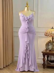 DreamSkyne Elegantes gestricktes Bodycon-Kleid in Taro-Lila Große Größen für Damen mit Rüschen vorne und hinten sowie plissierter, taillierter Taille - Lila - Übersicht 8