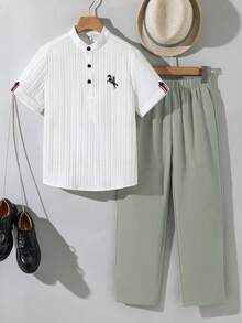 SHEIN 两件套儿童/青少年休闲短袖衬衫套装，含腰带和裤子，适合通勤、上学、日常休闲、运动、春夏穿着。 - 綠色 - 查看 6