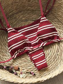Swim Vcay Women's Sexy Striped Triangle Cup Bikini Set With High Leg Cut, 2-Piece Swimsuit For Vacation - Red and White - View 4