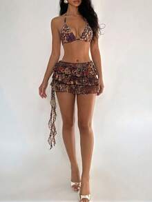 EgrlEra 女款海灘度假電音節派對 Lollapalooza 吊脖綁帶三角杯上衣 荷葉邊裝飾迷你裙 Y2K 性感豹紋 3件式比基尼套裝 - 棕色 - 查看 4
