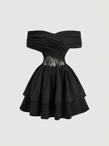 SHEIN MOD Women's Elegant Lace Patchwork Off-Shoulder Summer Dress - Black - View 2
