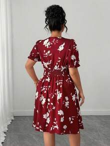 Elenzga Plus Size Women Elegant Front Pleated Waist Cinched Short Sleeve Dress - Burgundy - View 2