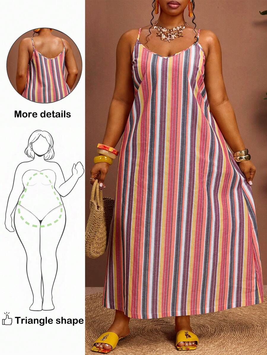 Truni Plus Size Striped Minimalist Vacation Style Spaghetti Strap Dress, For Pear And Triangle Body Shape - Multicolor - View 1