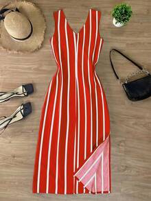 Franclia Women's Two-Tone Striped Sleeveless Waist Bow Single-Breasted Dress - Red - View 2