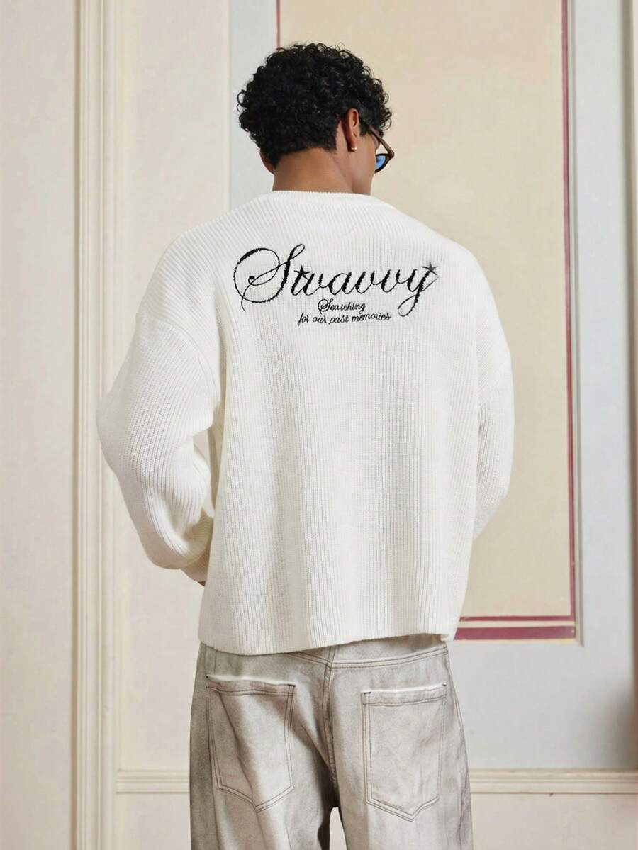 SWAVVY Standard Size Men's Letter Embroidery Dropped Shoulder Long Sleeve Casual Sweater - White - View 1