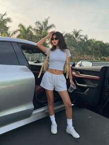 Muchica Setelan Dua Potong Wanita Kasual Model Baru 2025 dengan Motif Kelinci dan Pita, Longgar, Pendek, untuk Pemakaian Sehari-hari - Baby Blue - View 4