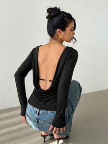 Siren Gaze T-shirt da donna a maniche lunghe con pieghe, colore unito, versatile e alla moda per uso quotidiano - nero - Visualizzare 1