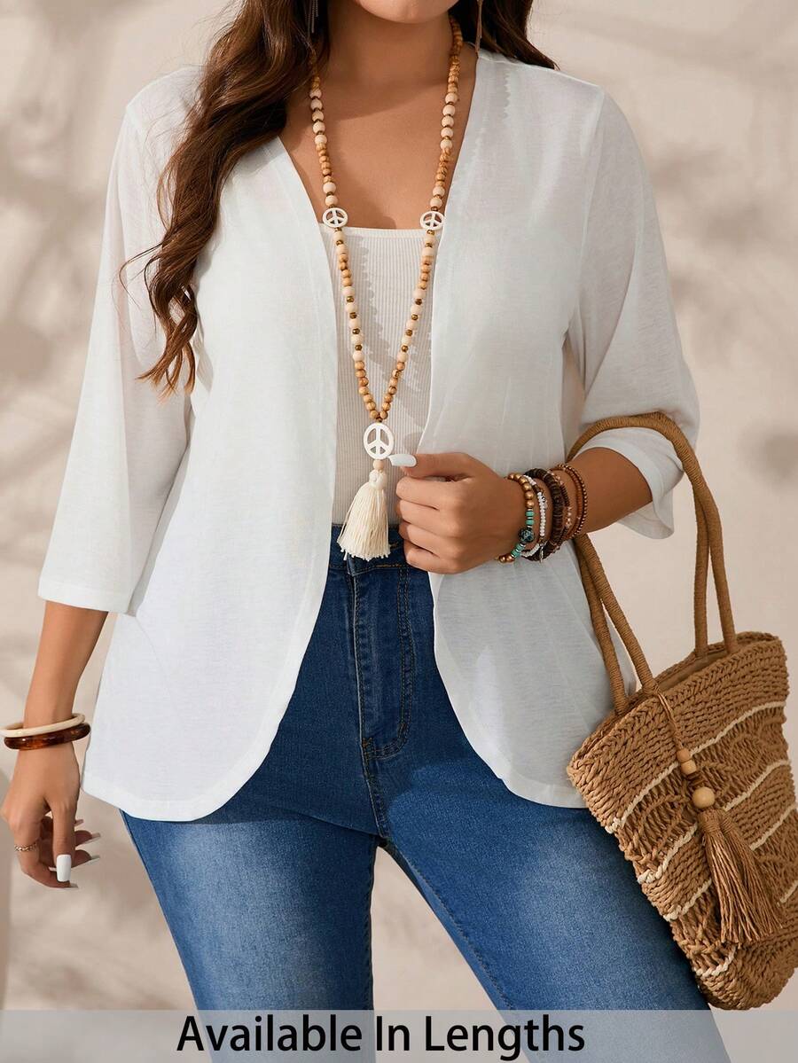 SHEIN PETITE CURVE Chaqueta casual de talla grande de unicolor para vacaciones - Blanco - Ver 1