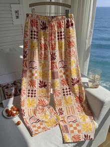 Comfortcana Spring/Summer Vacation Ocean Floral Print Casual Lace-Up Plus Size Long Pants - Multicolor - View 3