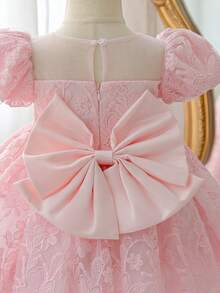 SHEIN Glamorique Kids 花童女童生日派對優雅公主禮服洋裝，杏色碎花設計，背部大蝴蝶結，可愛端莊優雅，四季皆宜 - 粉色 - 查看 5