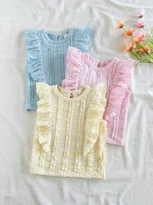 SHEIN Vintaside Kids 3件組彩色極簡田園風荷葉邊飾緹花布料荷葉領套頭T恤上衣，舒適休閒可愛，春夏新款 - 彩色 - 查看 4