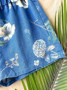 Soleia 女款抹胸上衣花卉印花短褲牛仔套裝 夏季海灘度假穿搭 休閒熱帶可愛鄉村音樂會 海軍藍藍白配色套裝 - 深色水洗藍 - 查看 6