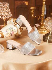 CUCCOO TILAWA Women Shoes Slip-On Design Square Heel Silver Rhinestone Upper High Heel Sandals Suitable For Parties, Daily Wear, Evening Wear, Heightening And Elongating Legs Summer - Silver - View 1