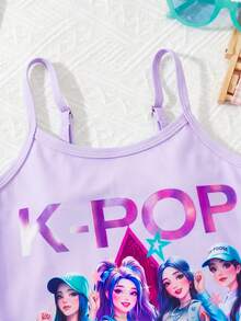 SHEIN 少女紫色 K-Pop 女團印花細肩帶連身泳衣，適合夏季海灘穿著 - 淡紫色 - 查看 7