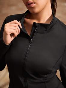Powerista Women's Plus Size Summer Minimalist Solid Color Zipper Front Top And Shorts Sports Set - Black - View 5