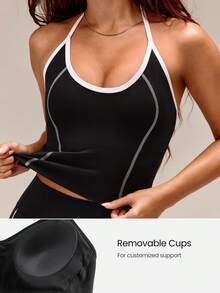 GLOWMODE FeatherFit™ In It To Win It Soft Sweat-Wicking Lightweight Colorblock Halter Tank Top With Removable Cups Yoga Pilates Studio Daily Active Wear - Black - View 3