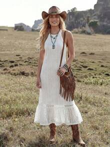 Wildy BOHO Jamican Sexy Casual Western Country Textured Hollow Out Women's Summer Daily Basic Outfit Outing Beach Vacation Commute Backless Lace-Up Dress - White - View 5