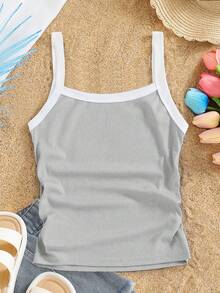 SHEIN Sparklyn Tween Girls' Casual Fitted Contrast Color Camisole,Grey Summer Knitted Ribbed Spaghetti Strap Top,City Break Versatile Style Kids All-Match Cami - Light Grey - View 2