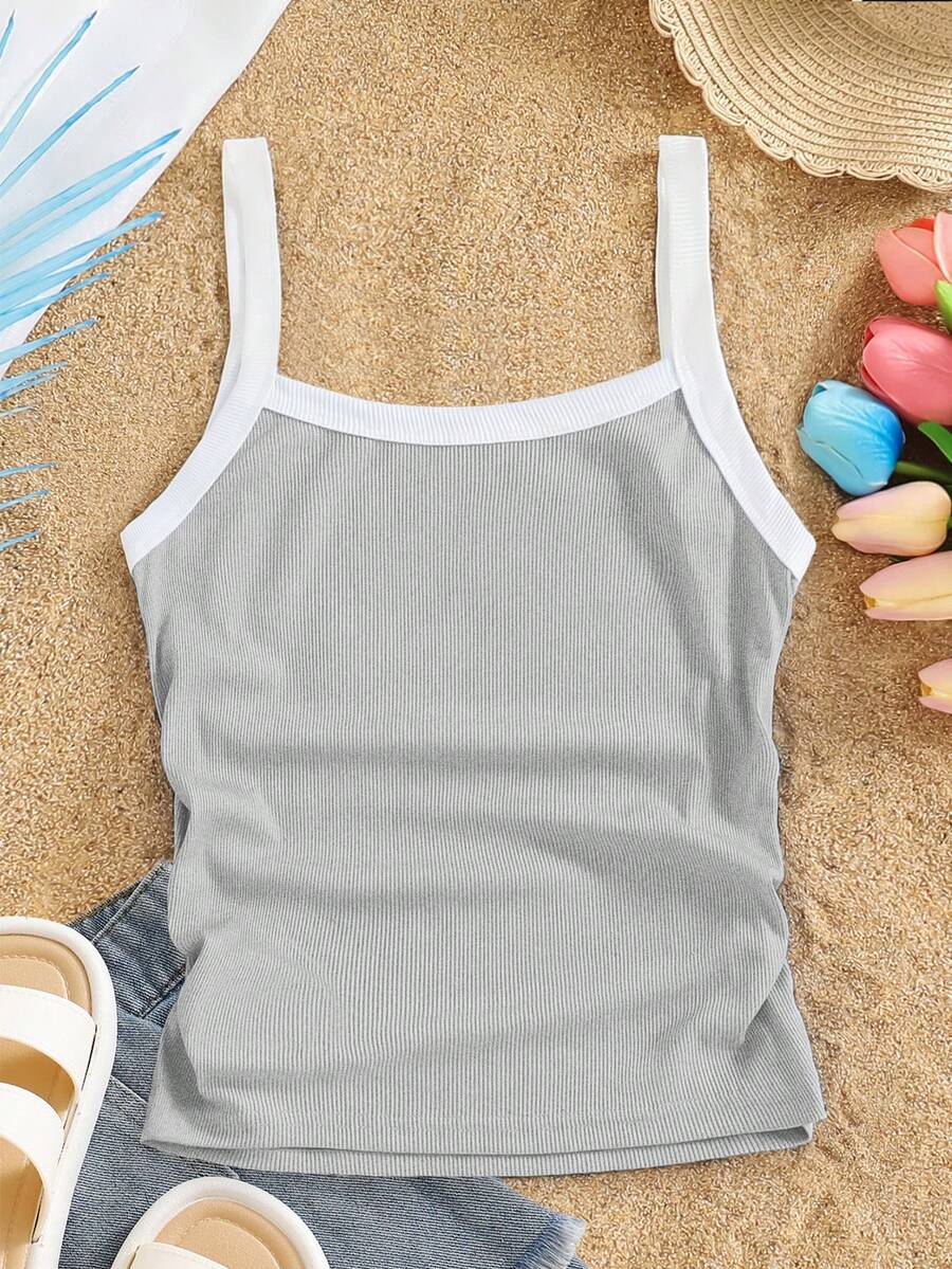 SHEIN Sparklyn Tank Top Camisole Slim Fit Kasual untuk Remaja Perempuan, Gaya Serbaguna, Cocok untuk Jalan-jalan, Liburan, Sekolah, Pakaian Musim Semi/Panas - Light Grey - View 1