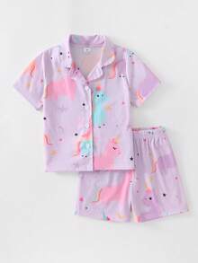 Girls' Colorful Unicorn Pattern Button-Up Lapel Short Sleeve & Shorts 2pcs Comfortable Loungewear Set - Mauve Purple - View 4