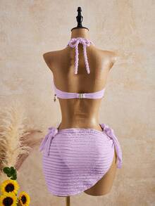 Bellisia 26SS Spring/Summer Vacation Apricot Vintage Square Neck Slimming Braided Rope Starfish Shell Halter One-Piece Top & Skirt Swimsuit 2pcs Set - Purple - View 2