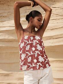 MAIJA Vacation Boho Ruffle Trim V-Neck Sleeveless Cami Top - Rose Red - View 3