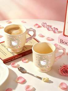 HELLO KITTY AND FRIENDS | SHEIN 1 Stück Hello Kitty cremegelbe Keramik Tasse, einzigartige gedrehte rosa geschwungene Griff Fuß Kaffeetasse, Vintage Rahmen Engel Herz Flügel Muster Kawaii Trinkbecher, süße Milchtee Tasse für Mädchen, ideal für Zuhause Frühstück, Büro täglicher Gebrauch & Geburtstags-Feiertagsgeschenk - Verschiedenfarbig - Übersicht 3