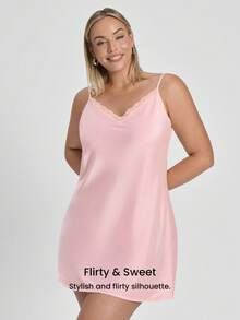 LUVLETTE Plus Size Sweet Romantic Light Pink Satin Nightgown Lace-Trimmed Camisole Sleep Dress Charming Romantic Lounge Wear Sexy Lingerie Slip Dress Pyjama - Pink - View 7