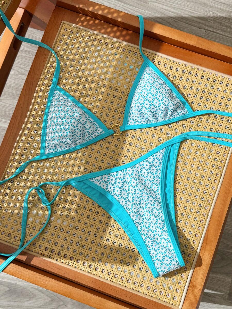 Swim Mod 2026新款春夏女款兩件式泳衣套裝,特殊面料比基尼泳褲,優雅休閒海灘度假泳裝 - 薄荷藍 - 查看 1